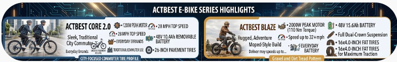 Actbest e-bike series highlights showing Core 2.0 commuter and Blaze Plus moped style.