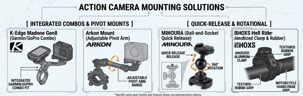 Action camera and GPS handlebar mounts comparison infographic for GoPro and Garmin.