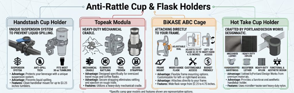 E-bike anti-rattle cup holders comparison graphic for 30 oz tumblers and coffee flasks.