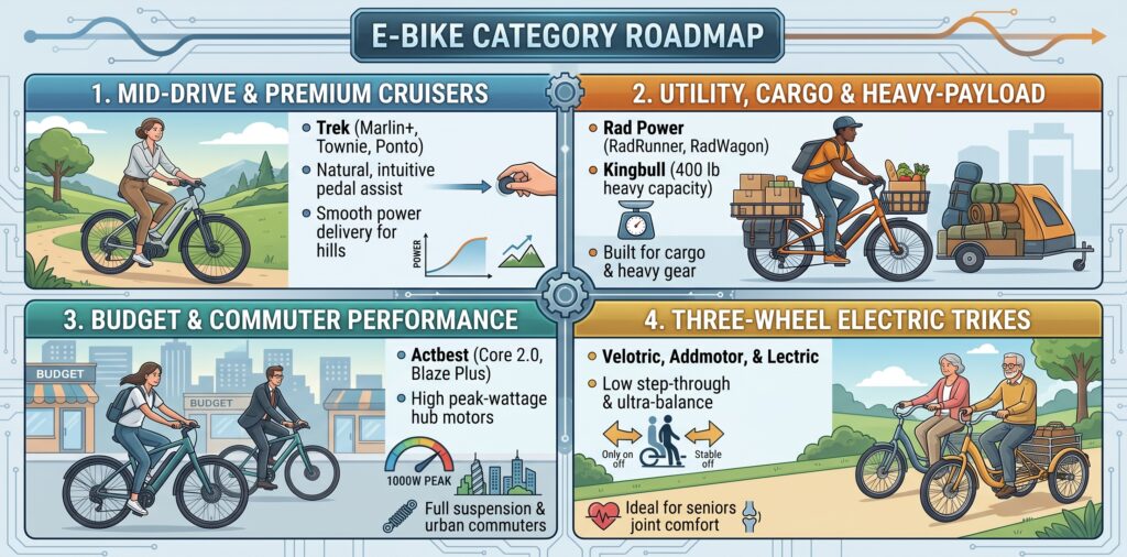 E-bike category roadmap comparison infographic detailing mid-drive, cargo, commuter, and electric trikes.