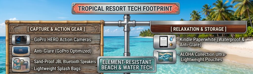 Element-resistant tropical resort tech footprint infographic for waterproof vacation gear.