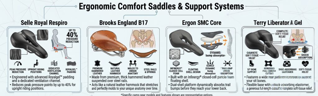 Ergonomic e-bike comfort saddles and anatomic support systems comparison graphic.