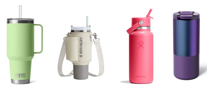 Insulated travel tumblers comparison featuring Yeti, Stanley, Hydro Flask, and BruMate.