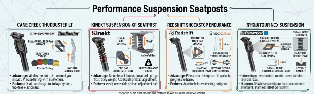 Performance linkage-driven suspension seatposts for e-bikes comparison graphic.