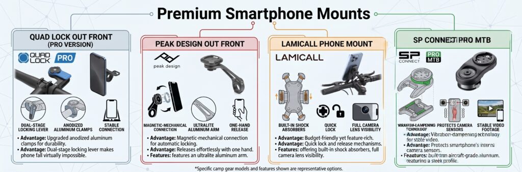 E-bike premium smartphone mounts comparison graphic featuring Quad Lock and Peak Design.