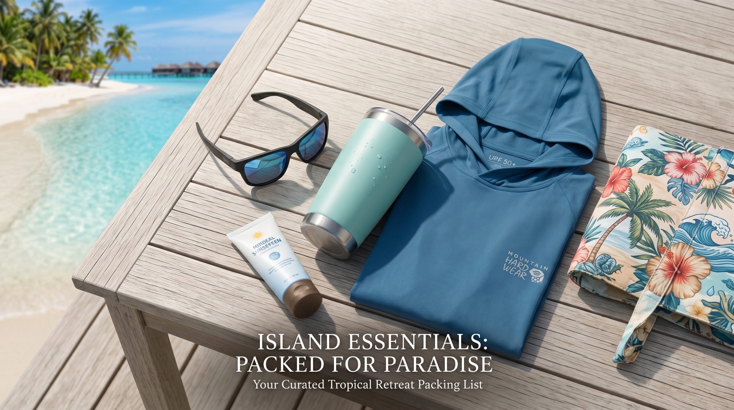 Island Essentials tropical resort packing list feature image with UPF sunshirt, tumbler, and sunscreen.