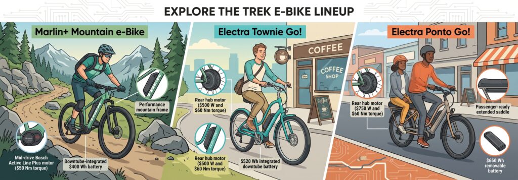 Trek and Electra e-bike lineup comparison featuring Marlin mountain e-bike and Ponto Go.